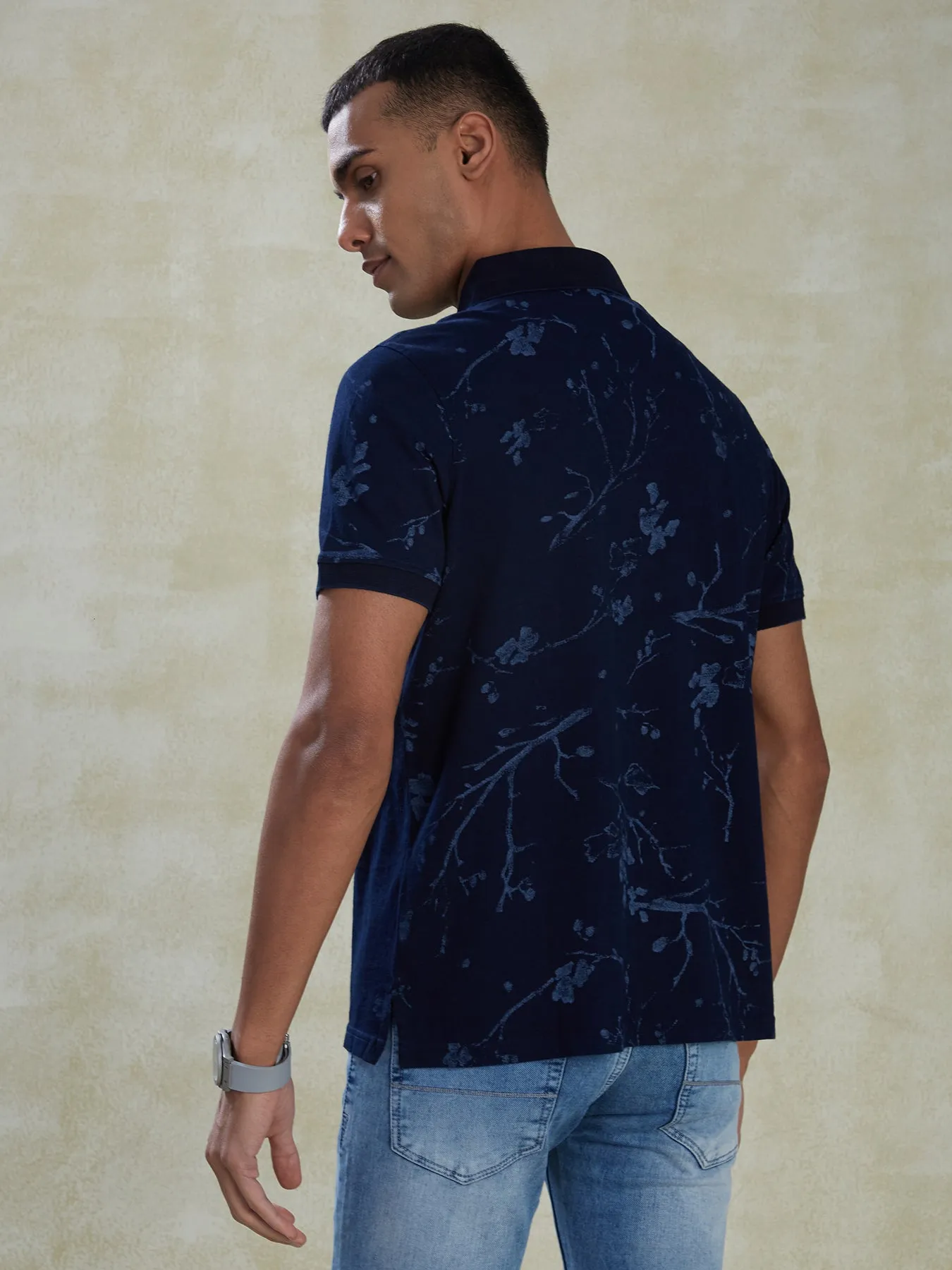 100% Cotton Indigo Navy Blue POLO Half Sleeve Casual Mens Printed T Shirt