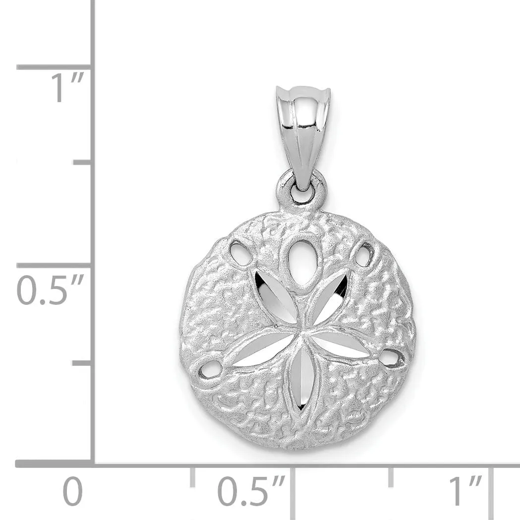 14K White Gold Solid Brushed Diamond-Cut Finish Sea Sand Dollar Charm Pendant