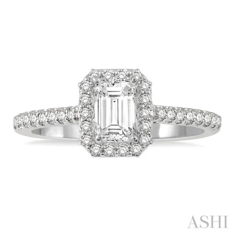 3/8 Ctw Octagon Shape Engagement Ring with 1/4 Ct Emerald Cut Center Stone in 14K White Gold