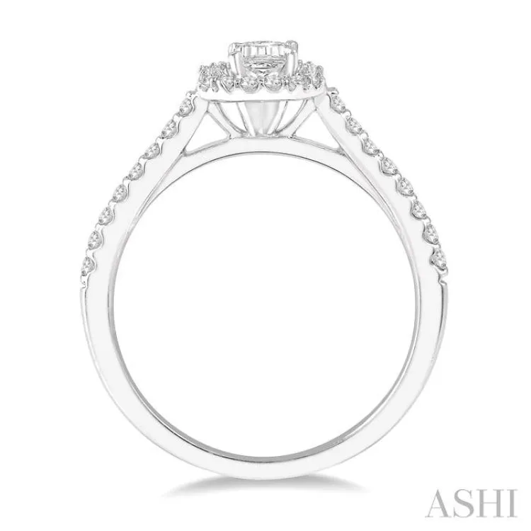 3/8 Ctw Octagon Shape Engagement Ring with 1/4 Ct Emerald Cut Center Stone in 14K White Gold