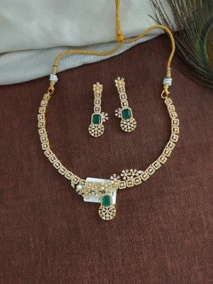 Beautiful Gold-plated Necklace Set with Fusion of Emerald and White Stones