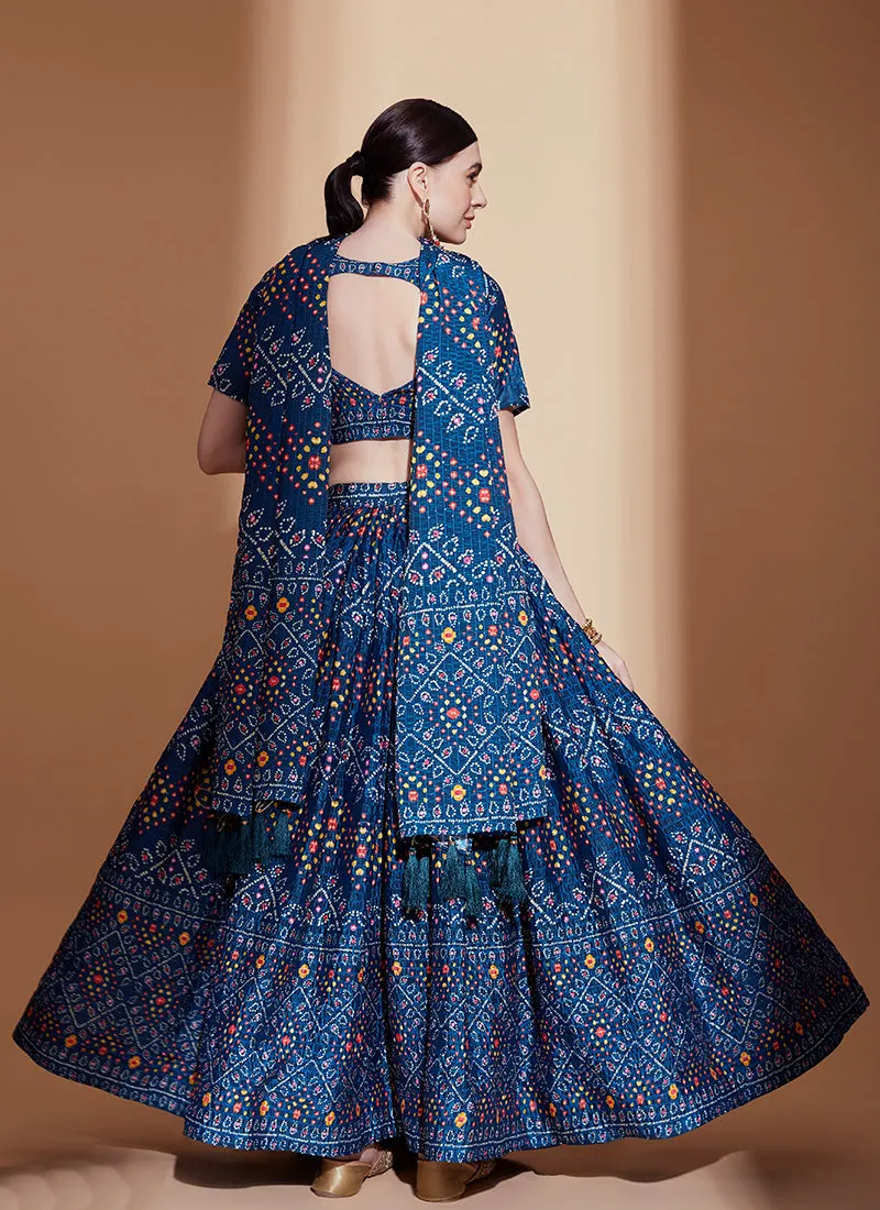 Blue Crochet Embellished Digital Printed Lehenga Choli