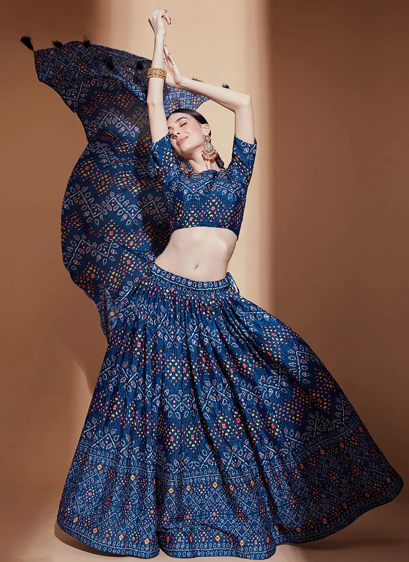 Blue Crochet Embellished Digital Printed Lehenga Choli