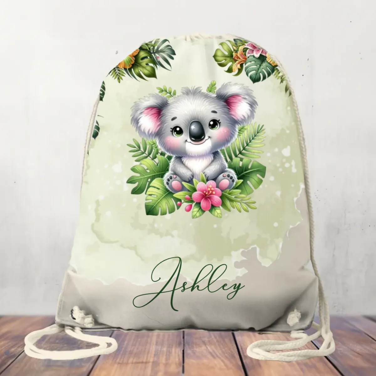 Canvas Drawstring Bag Personalised Tropical Koala