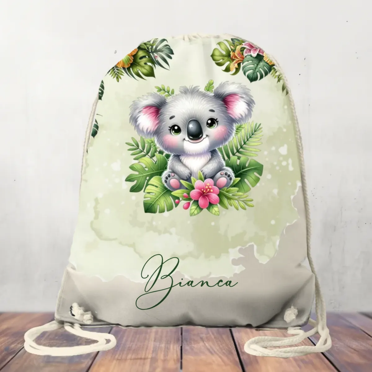 Canvas Drawstring Bag Personalised Tropical Koala