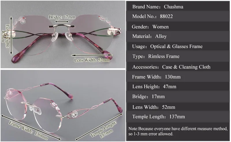 Chashma Women's Rimless Round Titanium Alloy Diamond Cut Frame Eyeglasses A88022