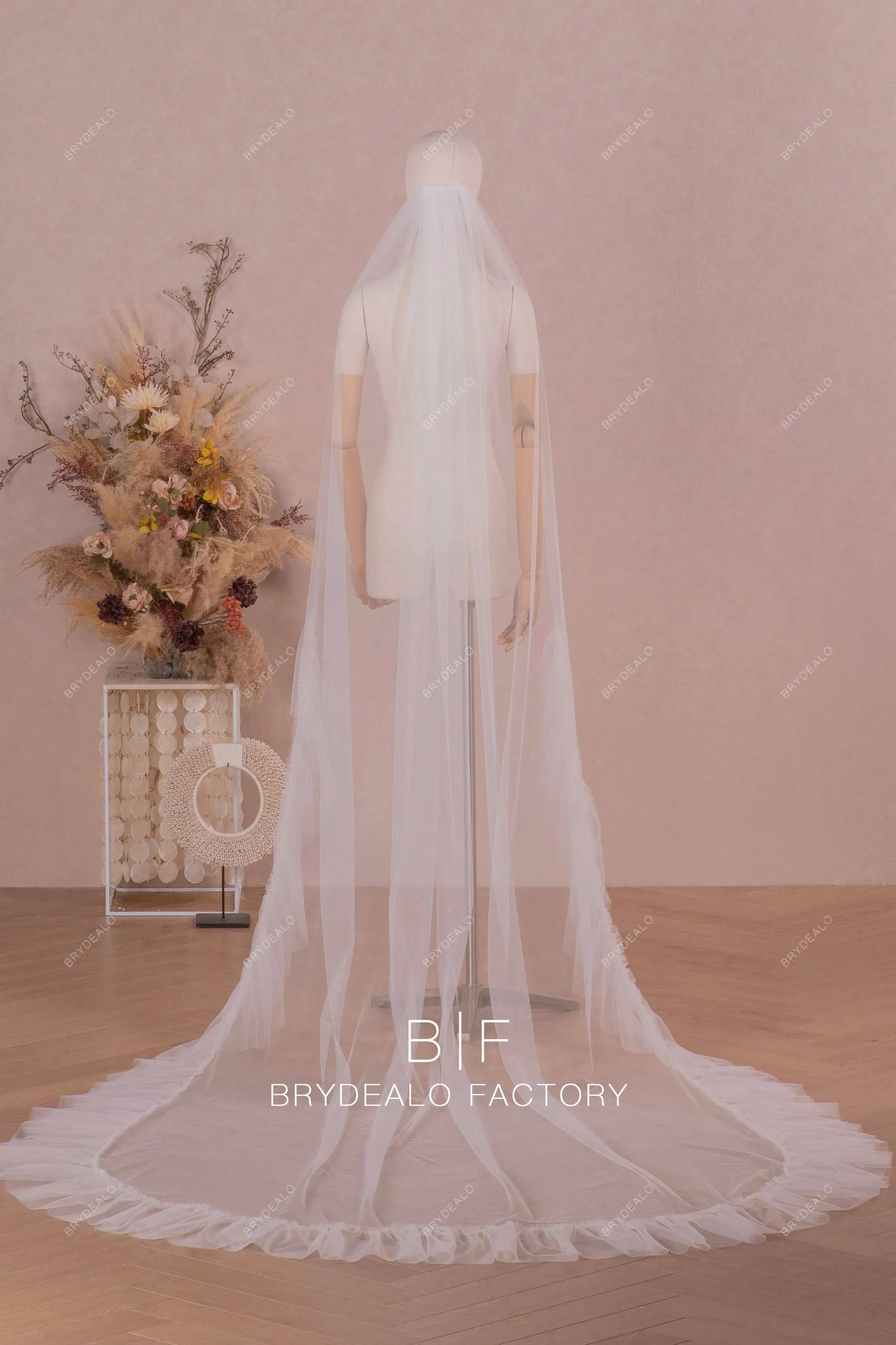 Designer Cathedral Length Single-Tier Ruffle Tulle Wedding Veil