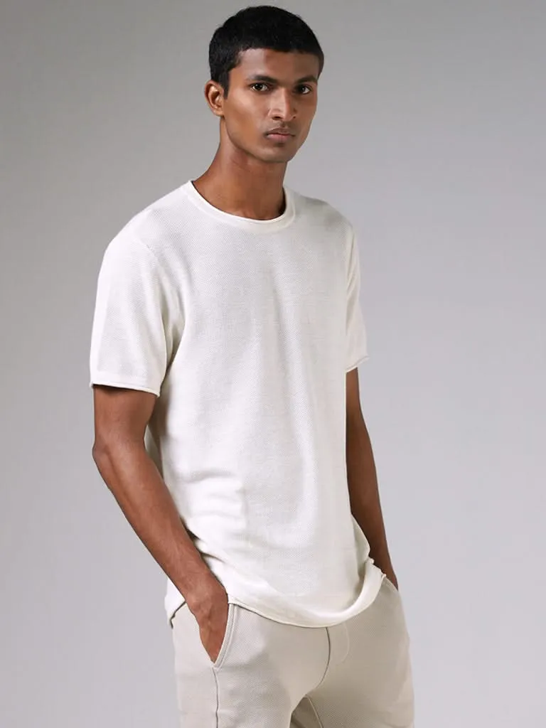 ETA Off White Knitted Solid Slim-Fit T-Shirt