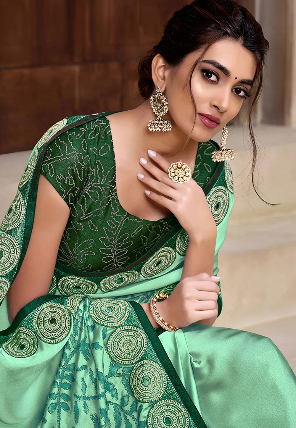 Green Two Tone Traditional Embroidered Silk Saree