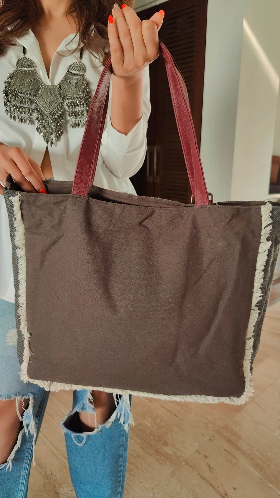 Grey Butterfly Handcrafted Embroidery Tote Bag