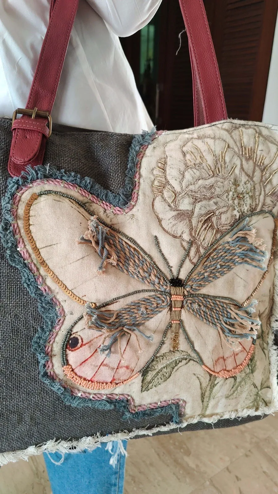 Grey Butterfly Handcrafted Embroidery Tote Bag