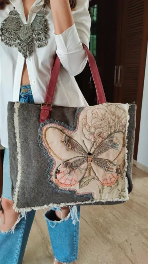 Grey Butterfly Handcrafted Embroidery Tote Bag