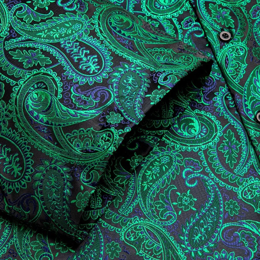 Hi-Tie Emerald Green Blue Paisley Silk Men's Short Sleeve Shirt