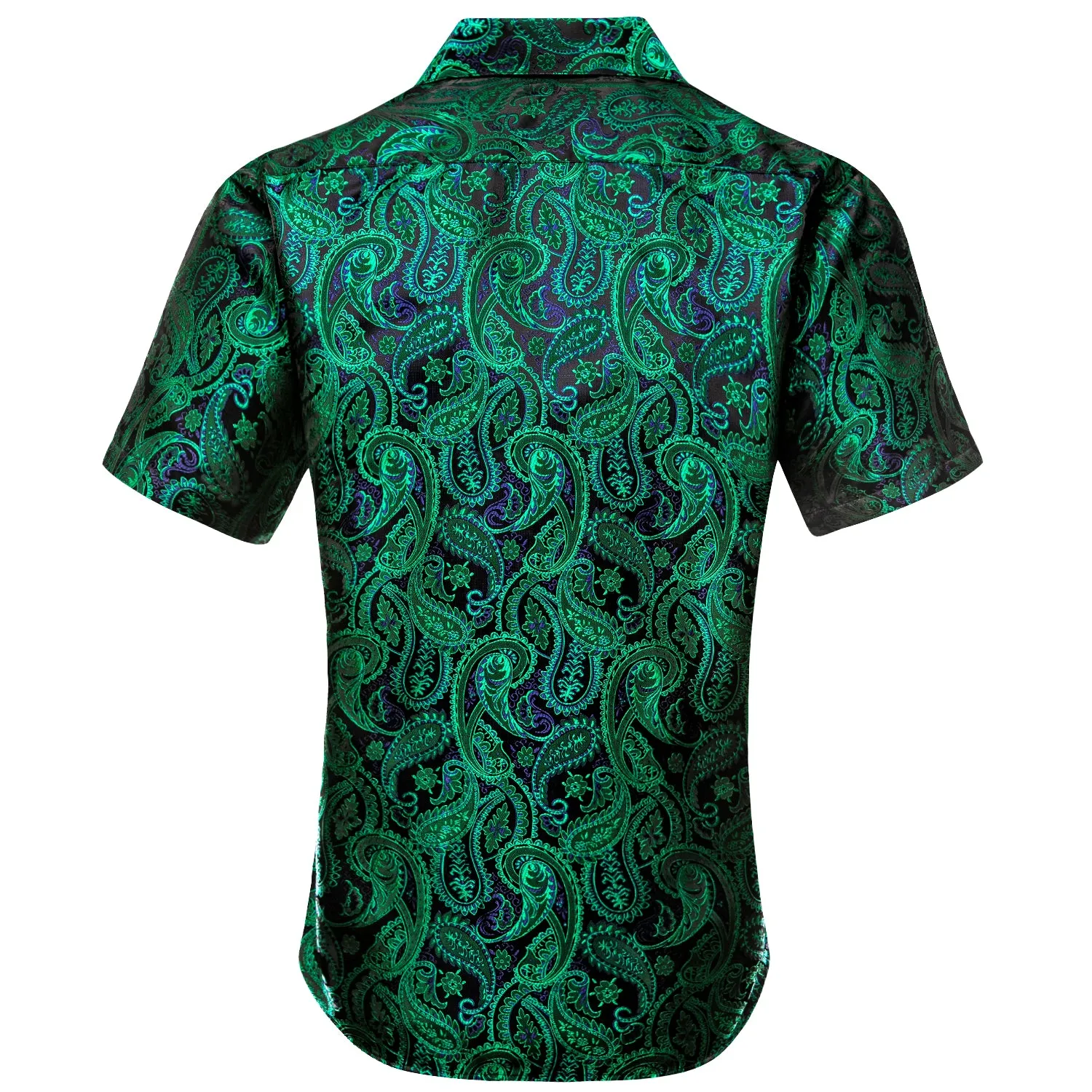 Hi-Tie Emerald Green Blue Paisley Silk Men's Short Sleeve Shirt