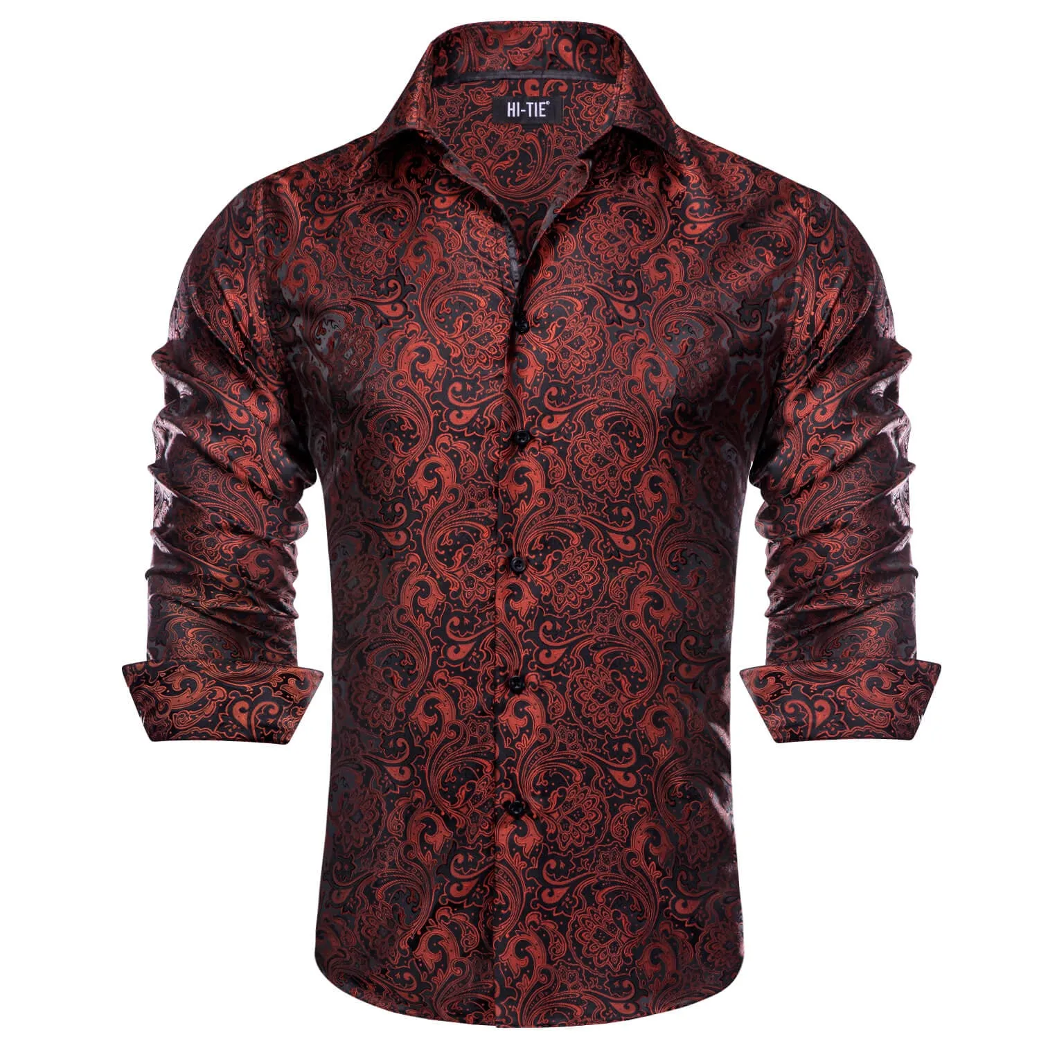 Hi-Tie Long Sleeve Shirt Maroon Red Black Paisley Collar Shirt