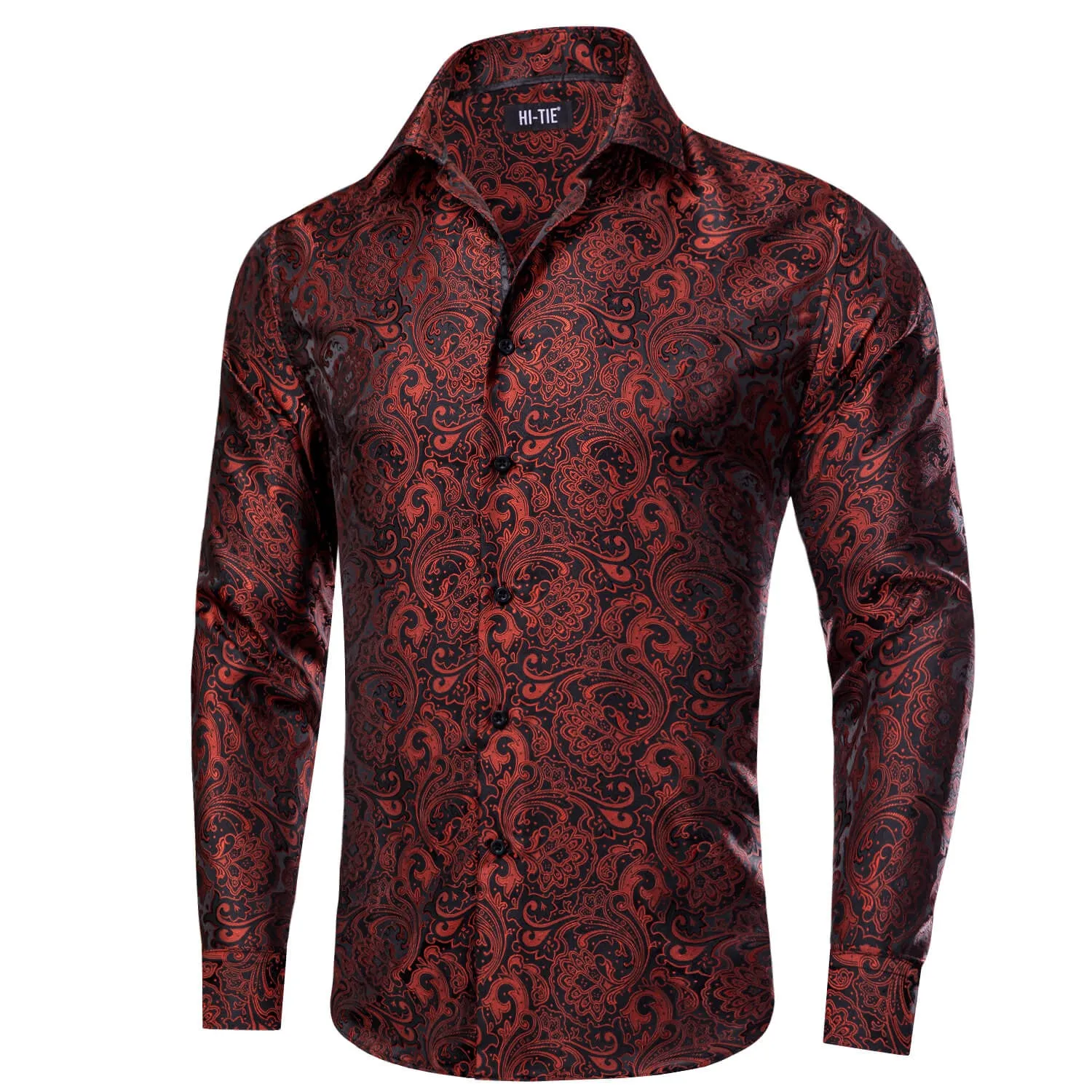 Hi-Tie Long Sleeve Shirt Maroon Red Black Paisley Collar Shirt