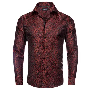 Hi-Tie Long Sleeve Shirt Maroon Red Black Paisley Collar Shirt