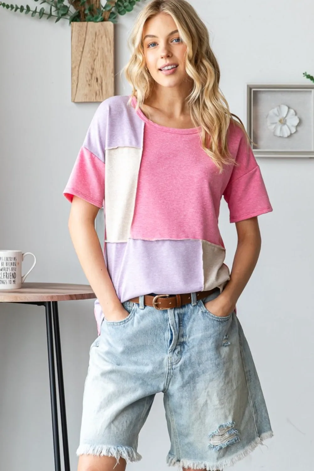 HOPELY Full Size Color Block Exposed Seam T-Shirt