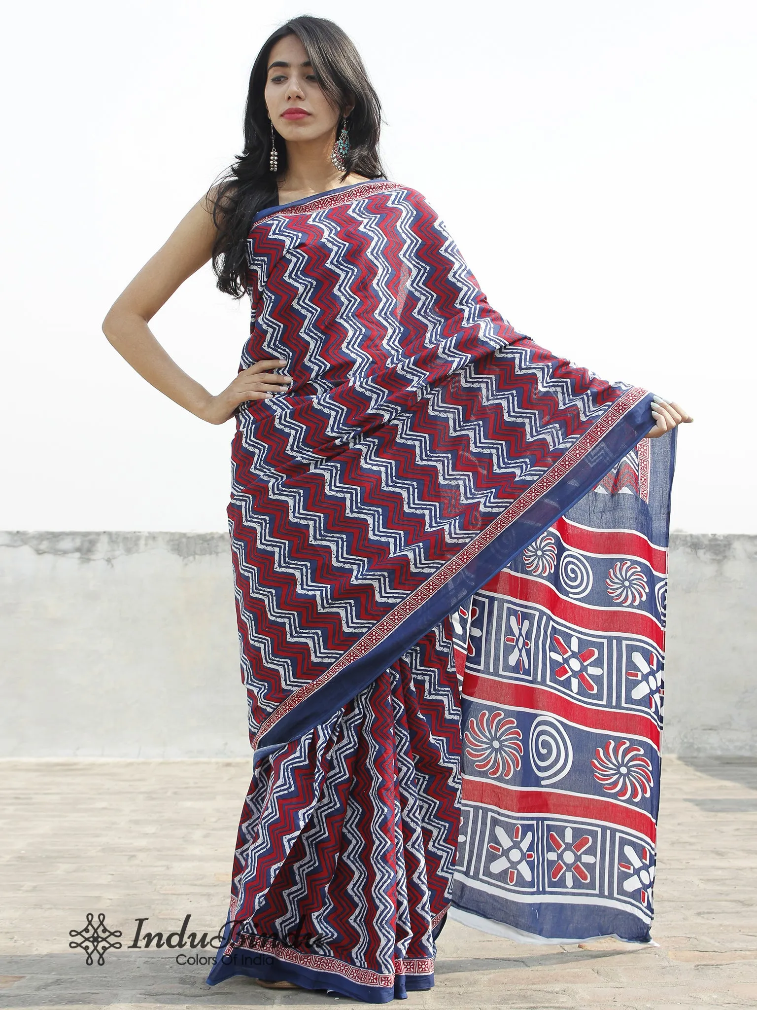 Indigo White Red Hand Block Printed Cotton Saree In Natural Colors - S031702379