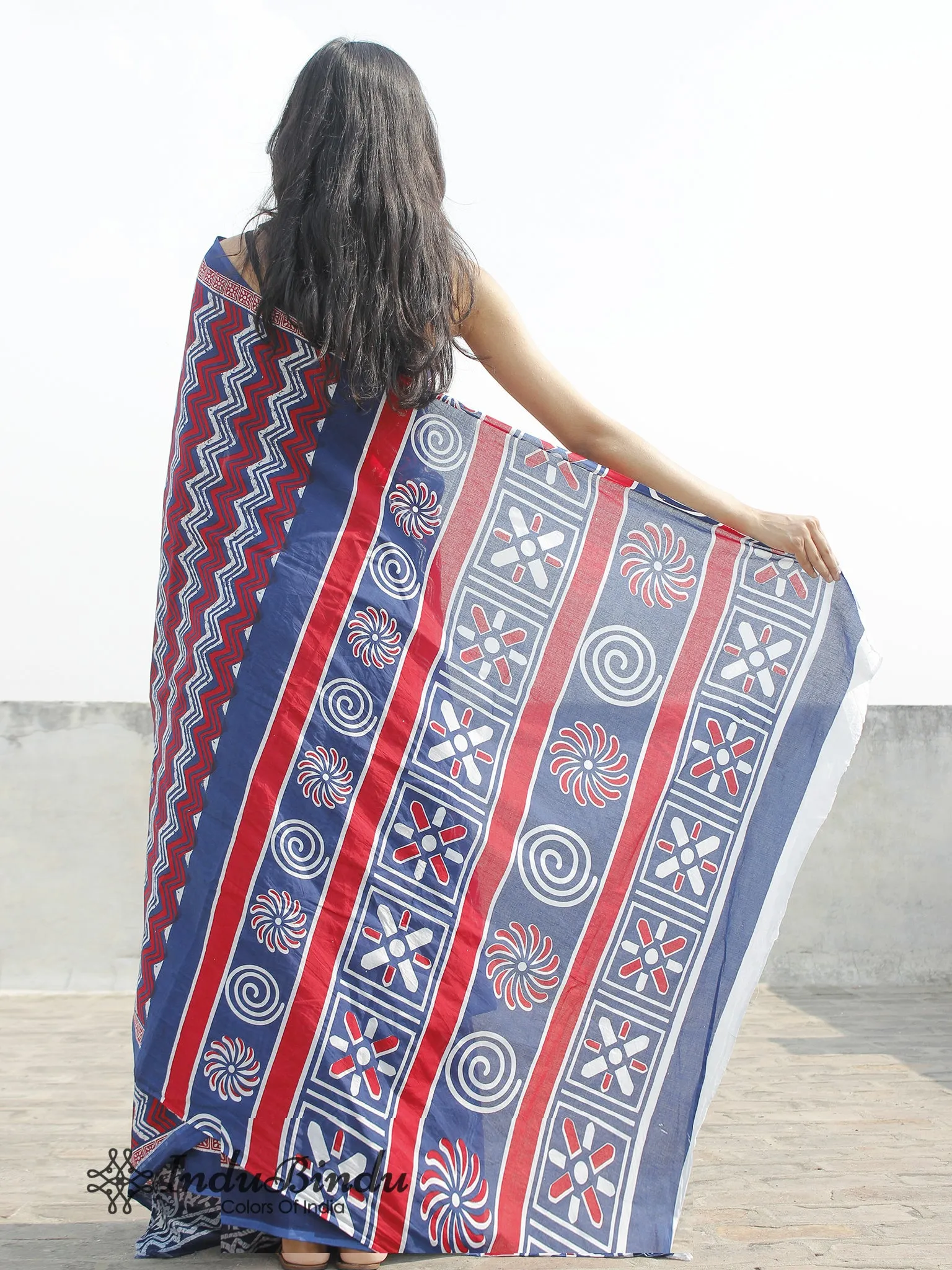 Indigo White Red Hand Block Printed Cotton Saree In Natural Colors - S031702379