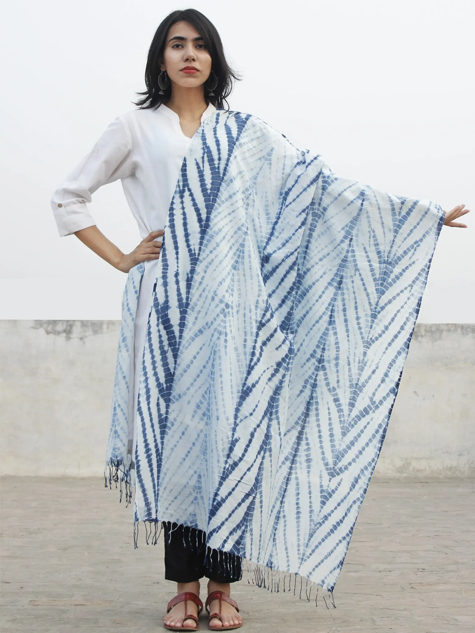 Ivory Indigo Handloom Cotton Hand Shibori Dyed Dupatta - D04170172