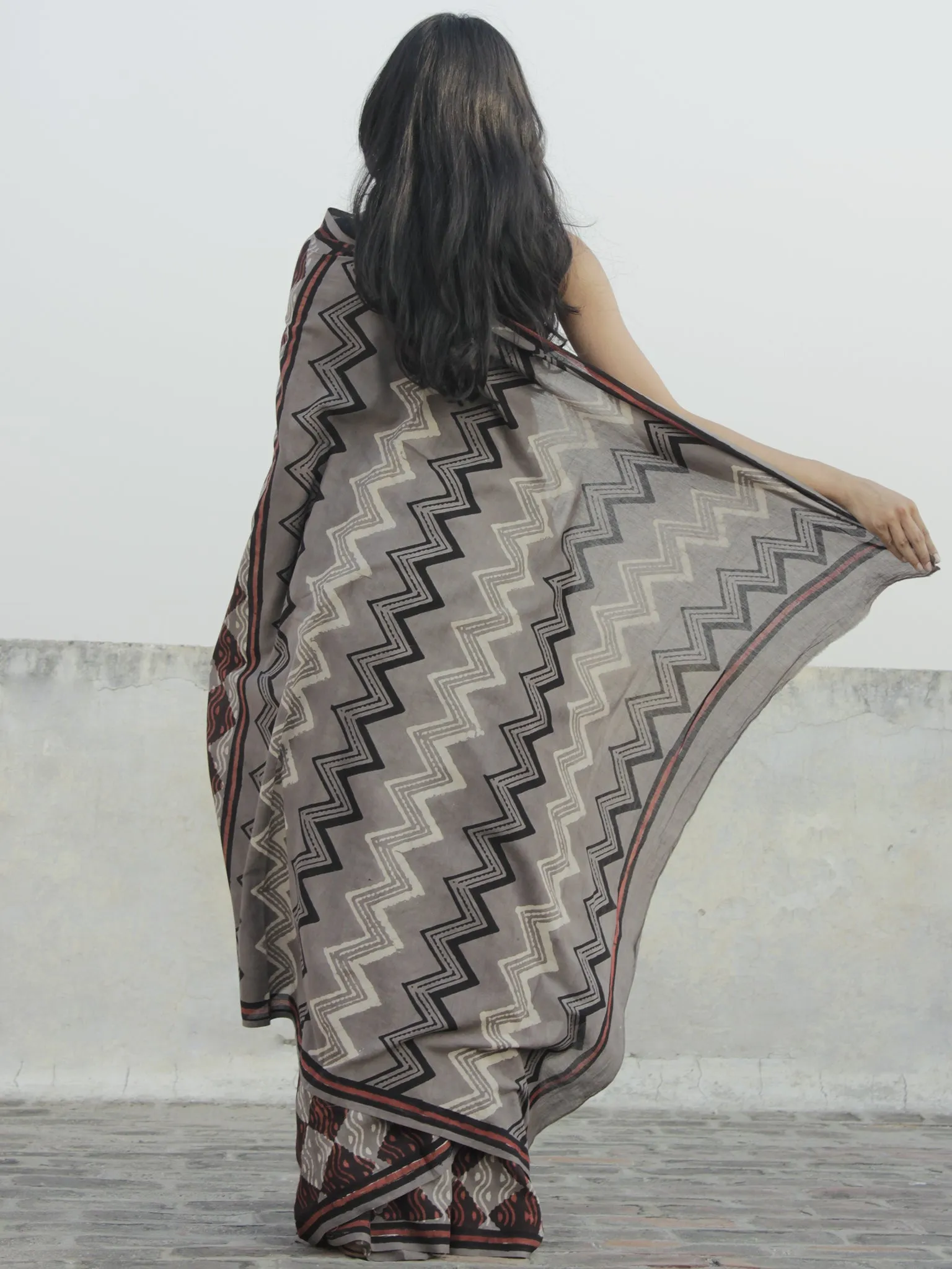 Kashish Dark Rust Ivory Hand Block Printed Cotton Saree In Natural Colors - S031702311