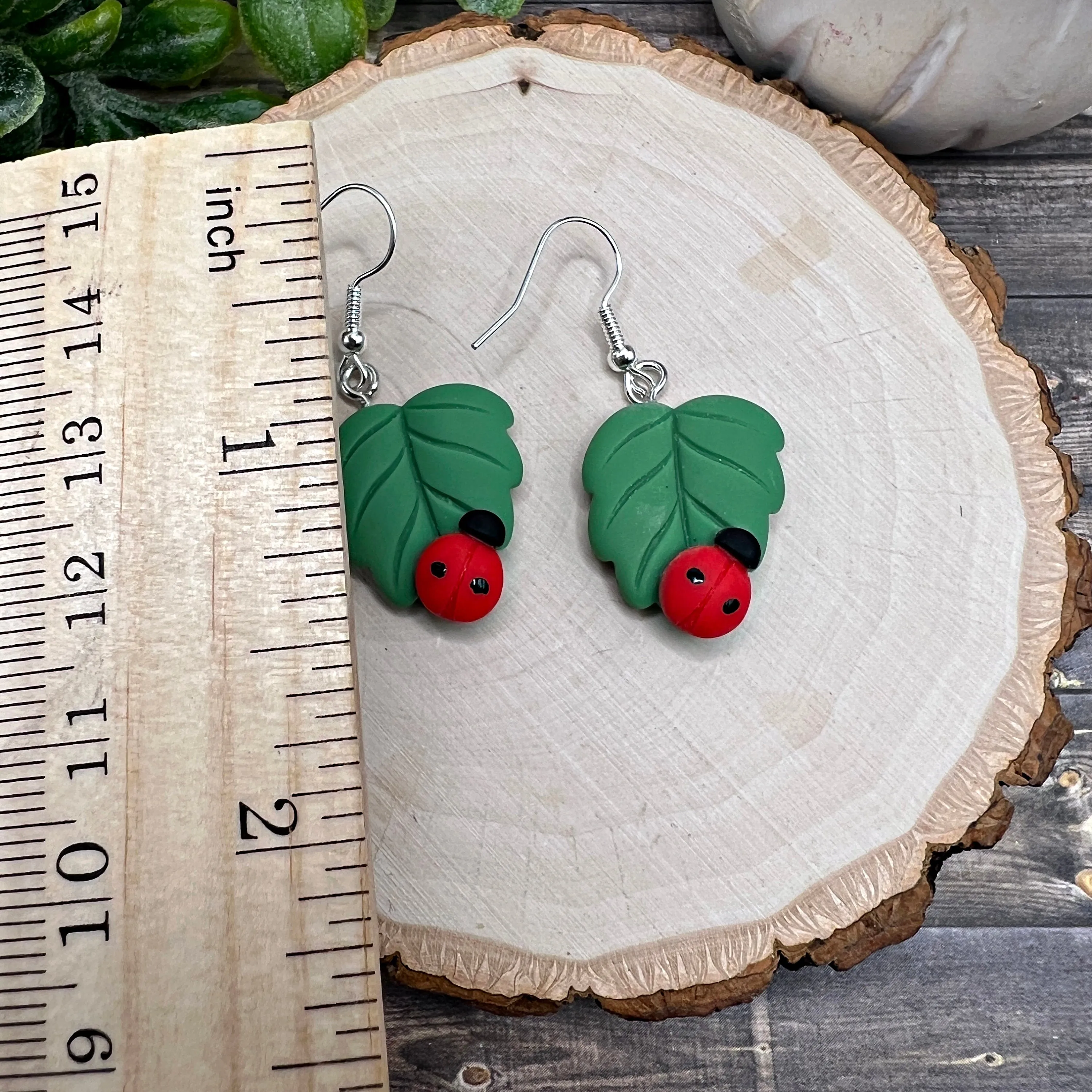 Ladybug on a Leaf Resin Nature Inspired Lucky  Earrings, Hypoallergenic Gift