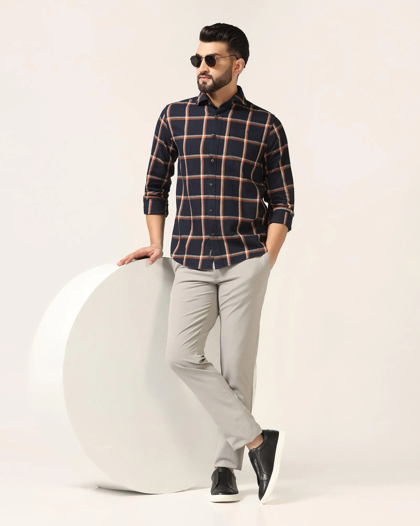 Linen Casual Navy Check Shirt - Albert