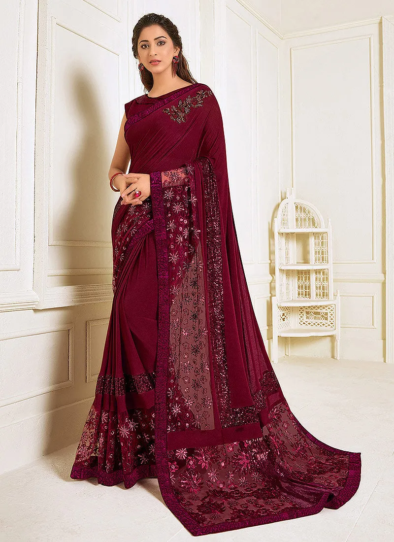 Maroon Sequence Embroidered Designer Saree