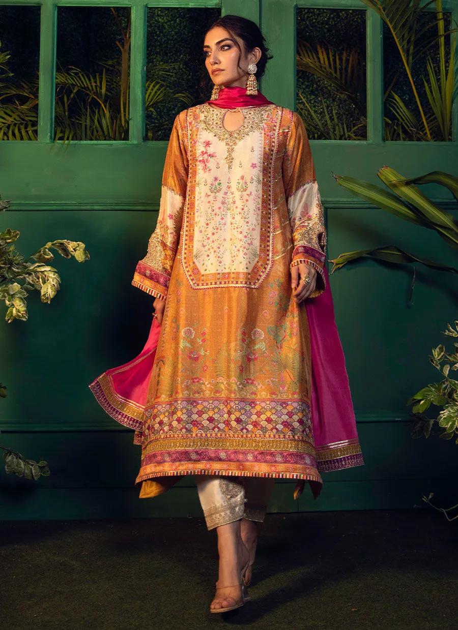 Mayna festive'24 - Roshan Printed Raw silk kurta with silk ombre dupatta