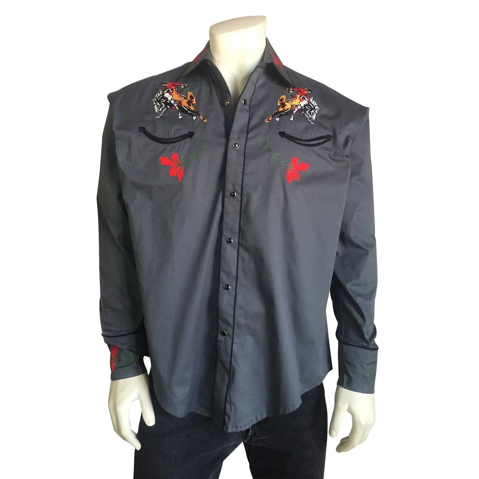 Men's Vintage Bronc Embroidered Western Shirt in Grey