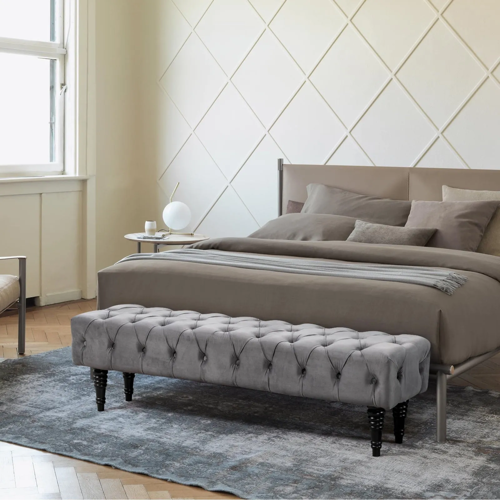 modern Rectangular Corduroy Upholstered Tufted Bedroom Bench, Gray