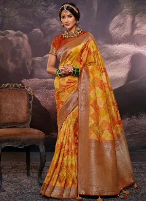 Mustard Yellow Weaved And Printed Traditional Jacquard Silk Saree