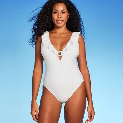 New - Shade & Shore Women's Plus Plunge One Piece Swimsuit Ruffle Swimwear