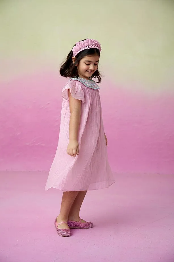 Orchid Dream- Orchid Pink Hand Embroidered Collar Dress for Girls