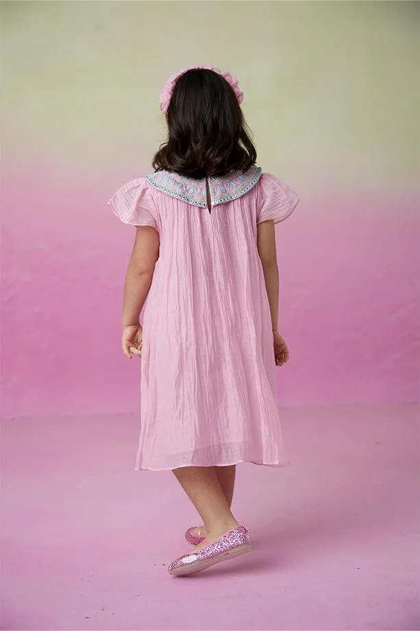 Orchid Dream- Orchid Pink Hand Embroidered Collar Dress for Girls