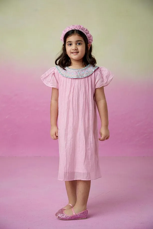 Orchid Dream- Orchid Pink Hand Embroidered Collar Dress for Girls