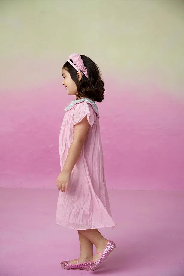 Orchid Dream- Orchid Pink Hand Embroidered Collar Dress for Girls