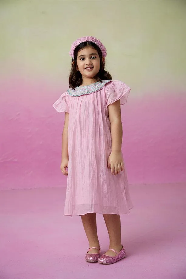 Orchid Dream- Orchid Pink Hand Embroidered Collar Dress for Girls