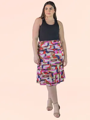 Plus Size Multicolor Abstract Print Elastic Waist Below Knee Length Skirt