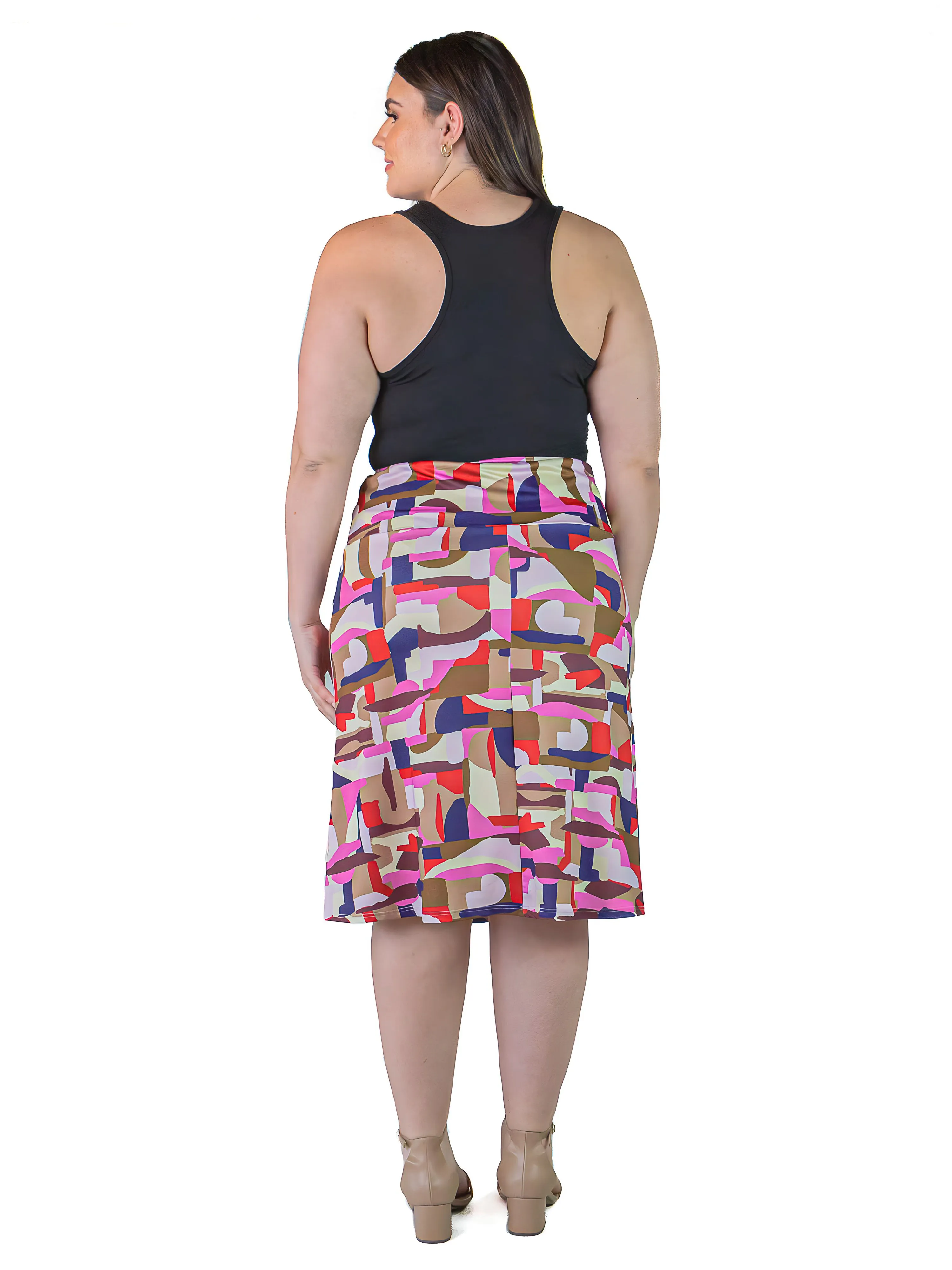 Plus Size Multicolor Abstract Print Elastic Waist Below Knee Length Skirt