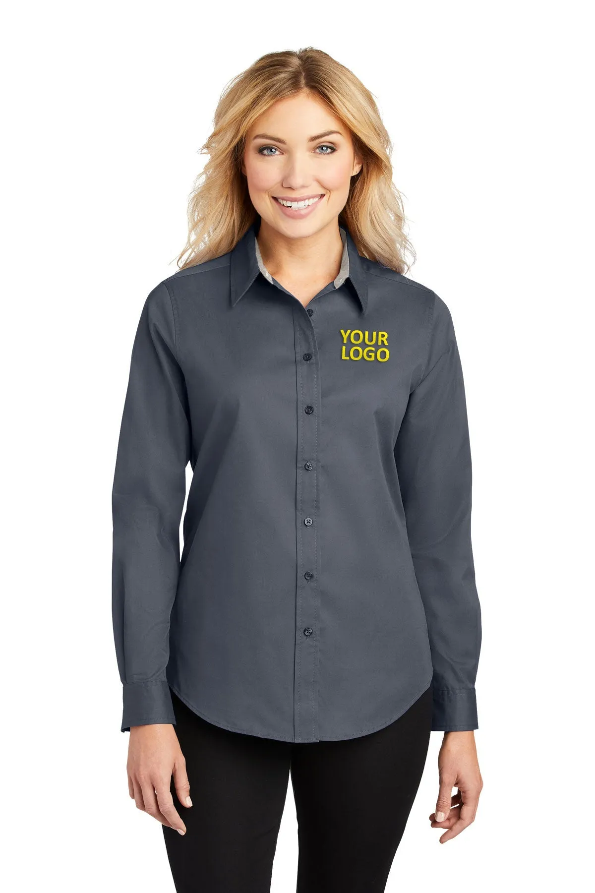 Port Authority Ladies Branded Easy Care Shirts, Steel Grey/Light Stone