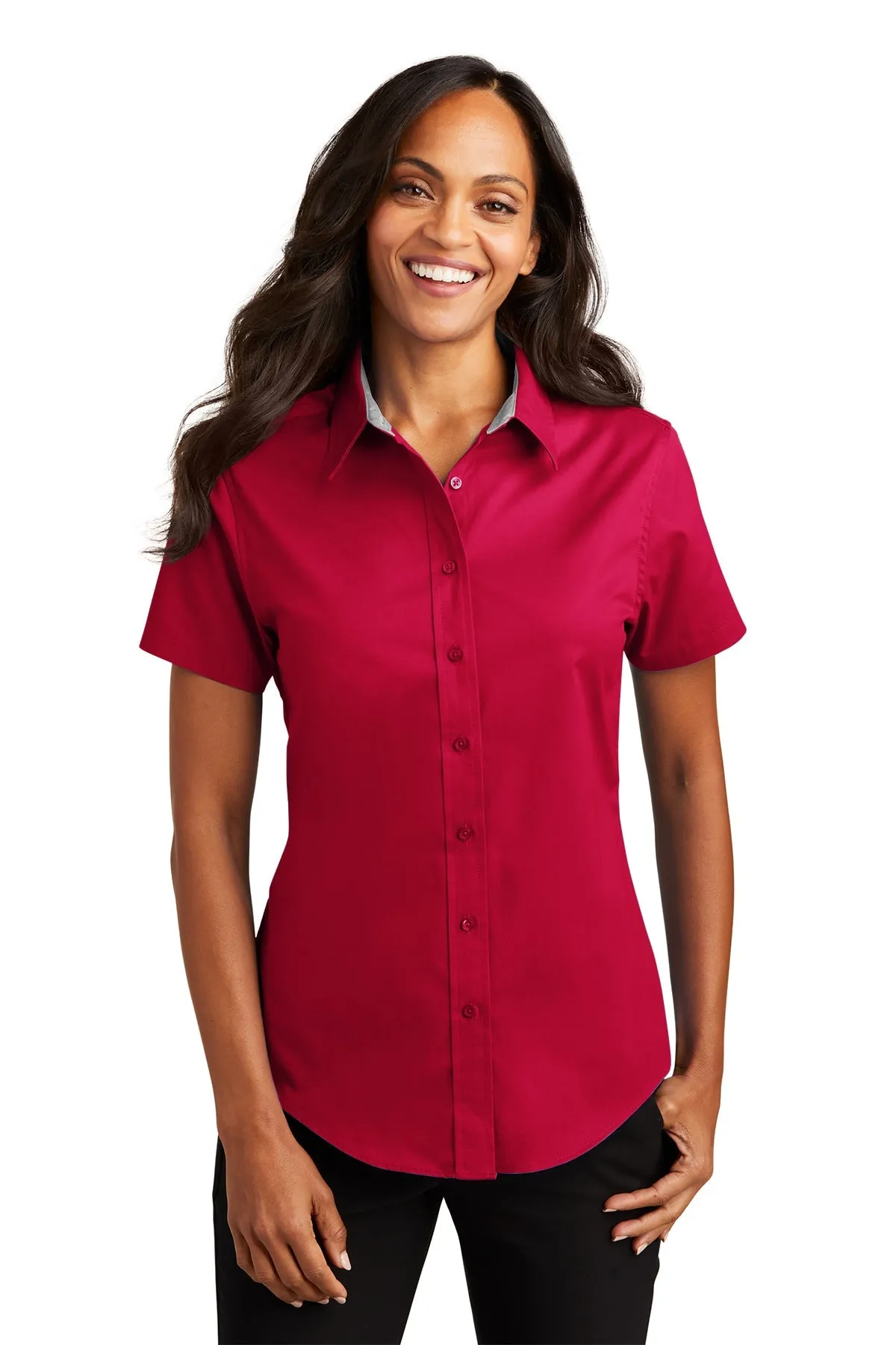 Port Authority Ladies Short Sleeve Easy Care Branded Shirts, Red/Light Stone