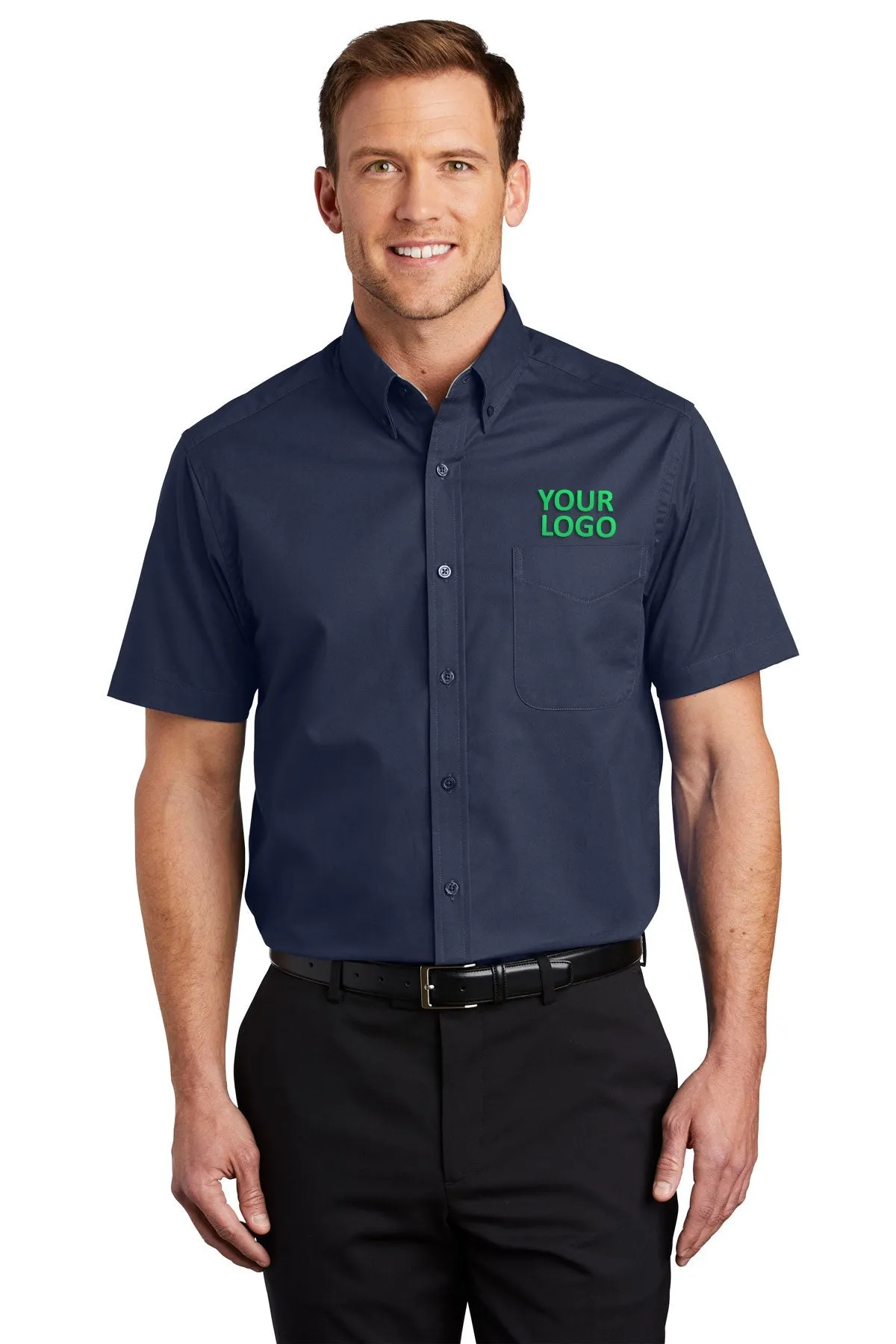 Port Authority Tall Short Sleeve Custom Easy Care Shirts, Navy/ Light Stone