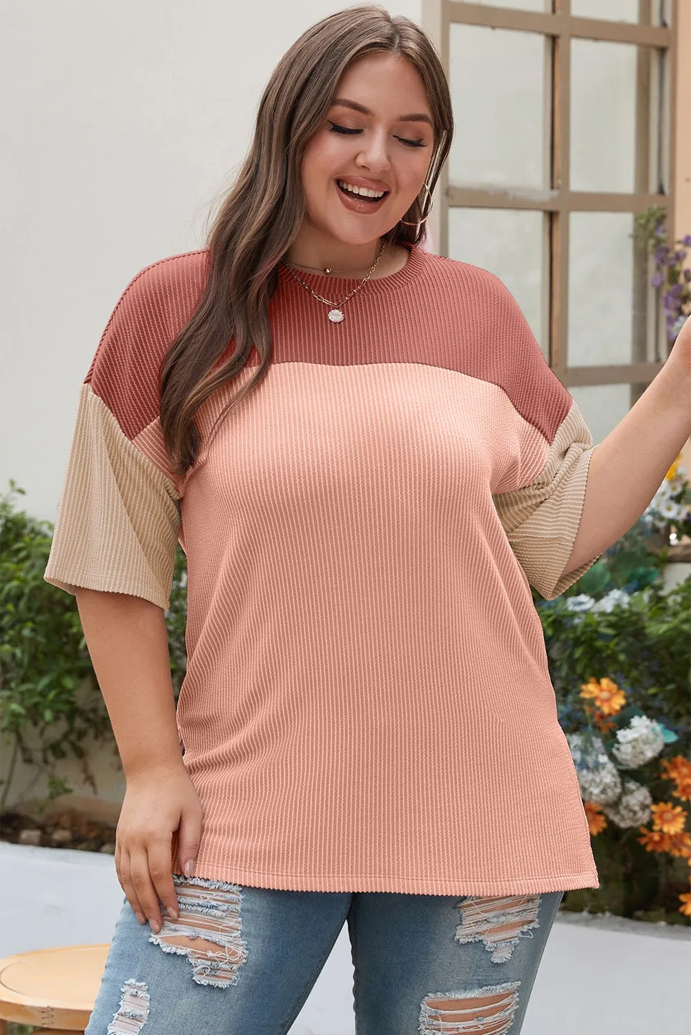 Rose Pink Plus Size Ribbed Colorblock T-Shirt