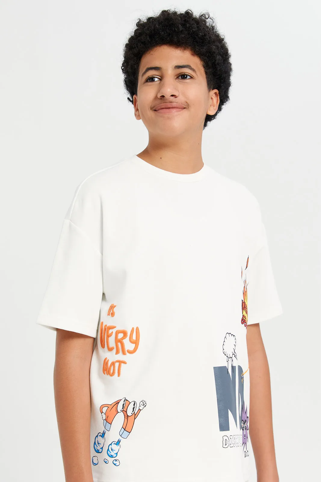 Senior Boys White Embroidery Oversize Tee