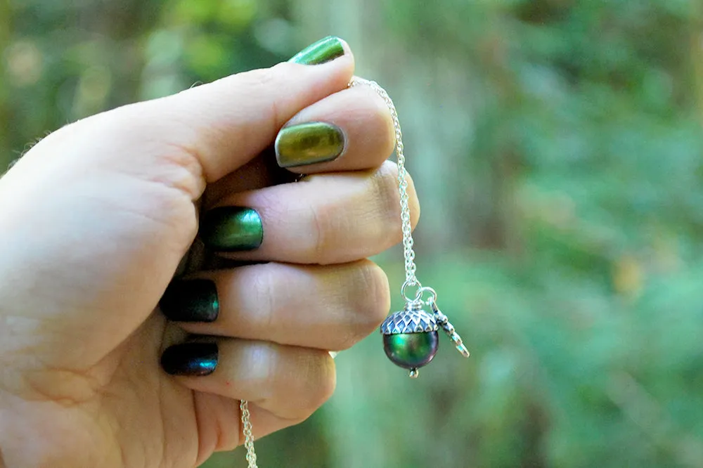 Silver Beetle Magic Acorn Necklace | Iridescent Rainbow Green Acorn Pendant | Forest Nature Jewelry