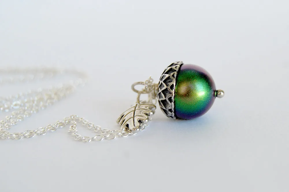 Silver Beetle Magic Acorn Necklace | Iridescent Rainbow Green Acorn Pendant | Forest Nature Jewelry