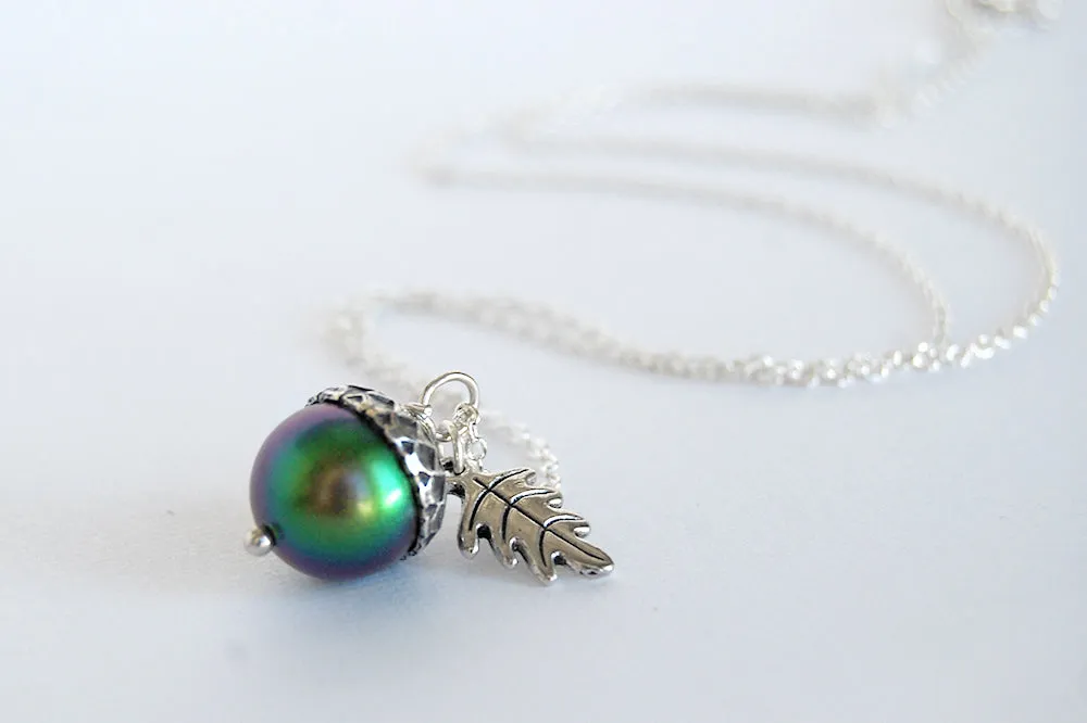 Silver Beetle Magic Acorn Necklace | Iridescent Rainbow Green Acorn Pendant | Forest Nature Jewelry