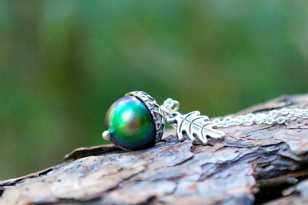 Silver Beetle Magic Acorn Necklace | Iridescent Rainbow Green Acorn Pendant | Forest Nature Jewelry